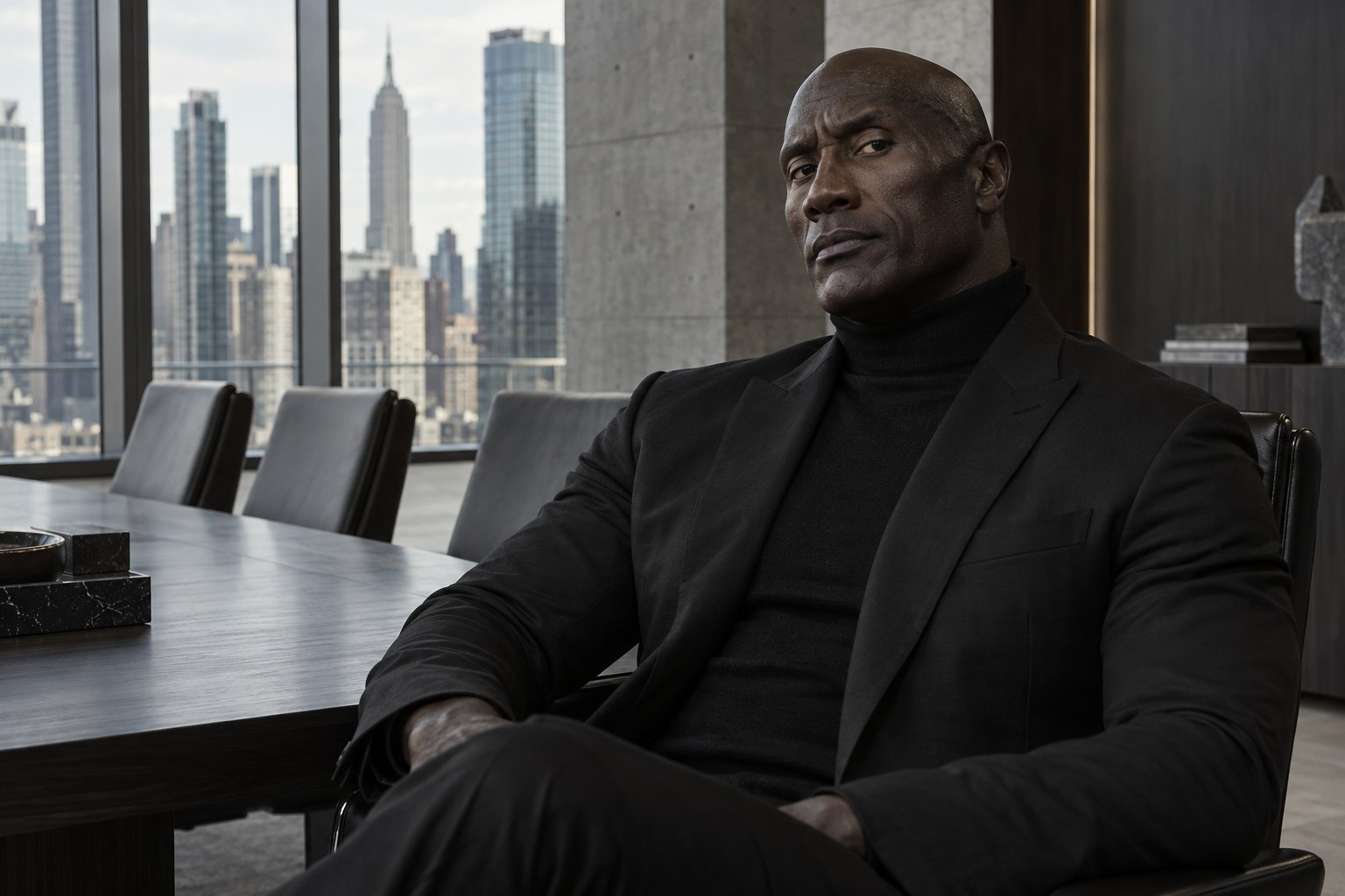 AI parody portrait of Black Rock in a black suit, seated in a corporate boardroom